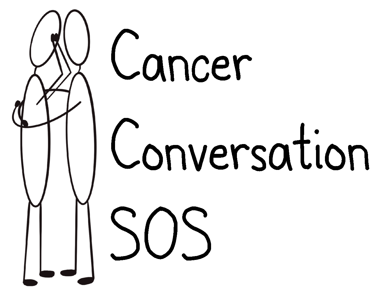 xparent new header Image is of a stick figure that appears to be crying and another giving the first one a hug. Next to them are the words Cancer Conversation SOS